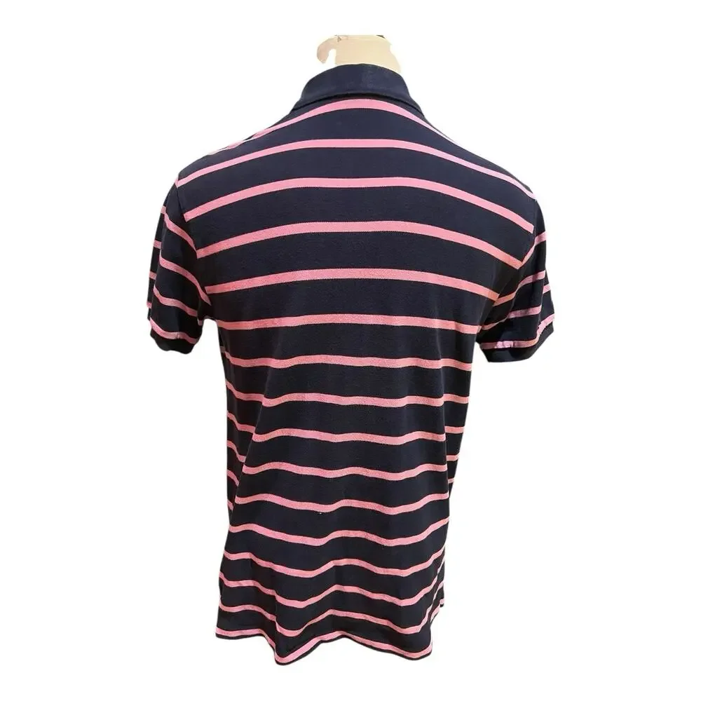 Ralph Lauren Polo Mens Large Navy Pink Striped Shirt 100% Cotton Preppy Classic